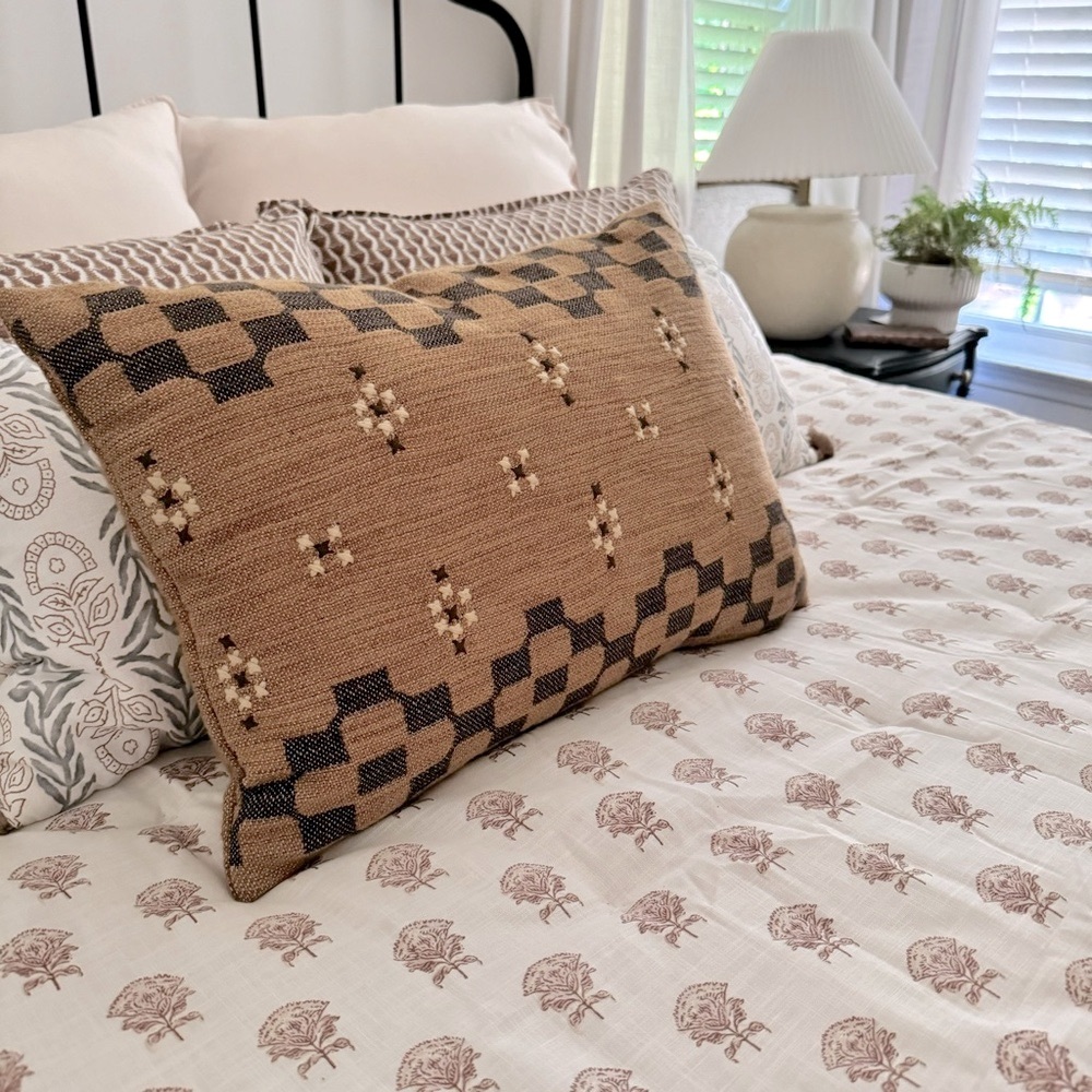 Woven with Cross Stitching Lumbar Throw Pillow Brown/Cream : Studio McGee